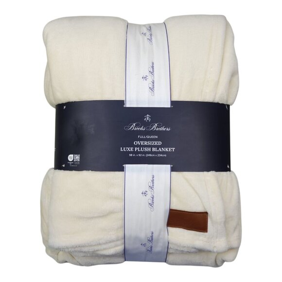 Brooks Brothers Oversized Luxe Plush Blanket Full/Queen 98" x92" Cream Polyester - Picture 1 of 7